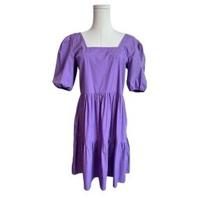 Maude Vivante Square Neck Puff Sleeves Tiered Skirt 100% Cotton Purple Dress S